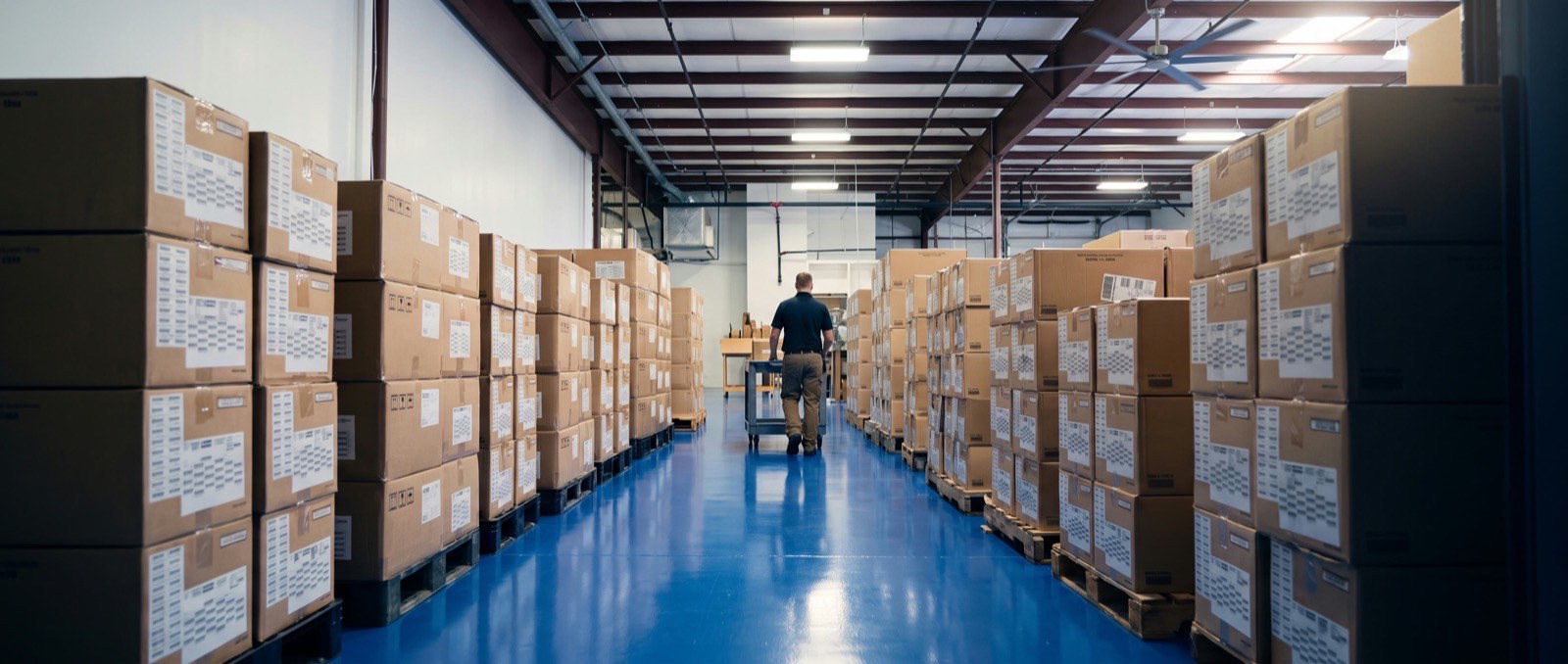 Racked, palletized inventory on the warehouse floor